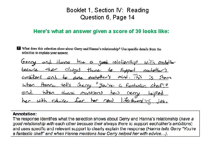 Booklet 1, Section IV: Reading Question 6, Page 14 Here’s what an answer given