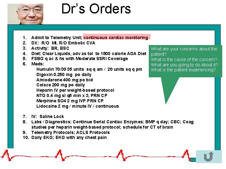 Dr’s Orders 1. 2. 3. 4. 5. 6. 7. 8. Admit to Telemetry Unit;