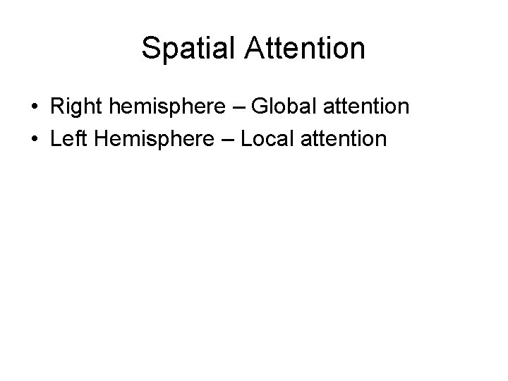 Spatial Attention • Right hemisphere – Global attention • Left Hemisphere – Local attention