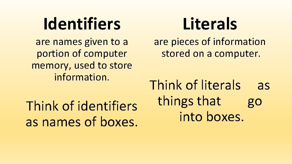 Identifiers Literals are names given to a portion of computer memory, used to store Identifiers Literals are names given to a portion of computer memory, used to store
