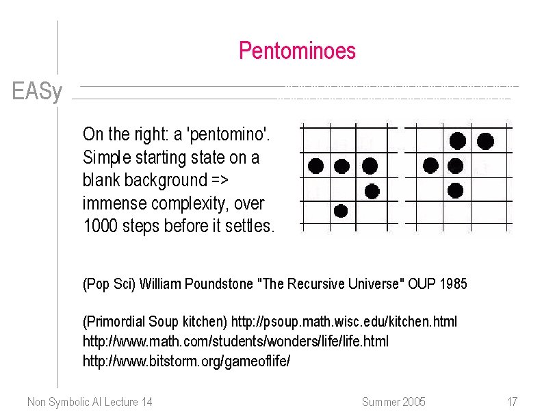 Pentominoes EASy On the right: a 'pentomino'. Simple starting state on a blank background