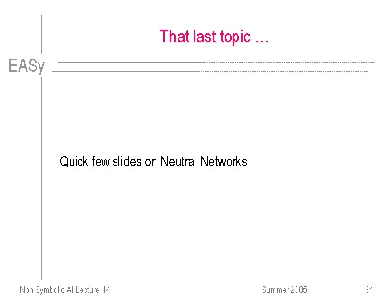 That last topic … EASy Quick few slides on Neutral Networks Non Symbolic AI