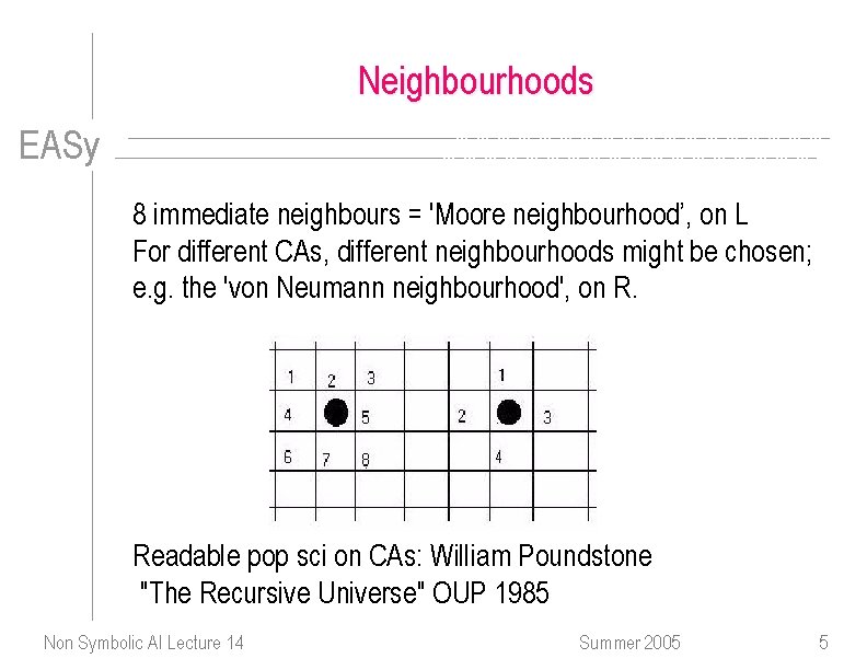 Neighbourhoods EASy 8 immediate neighbours = 'Moore neighbourhood’, on L For different CAs, different