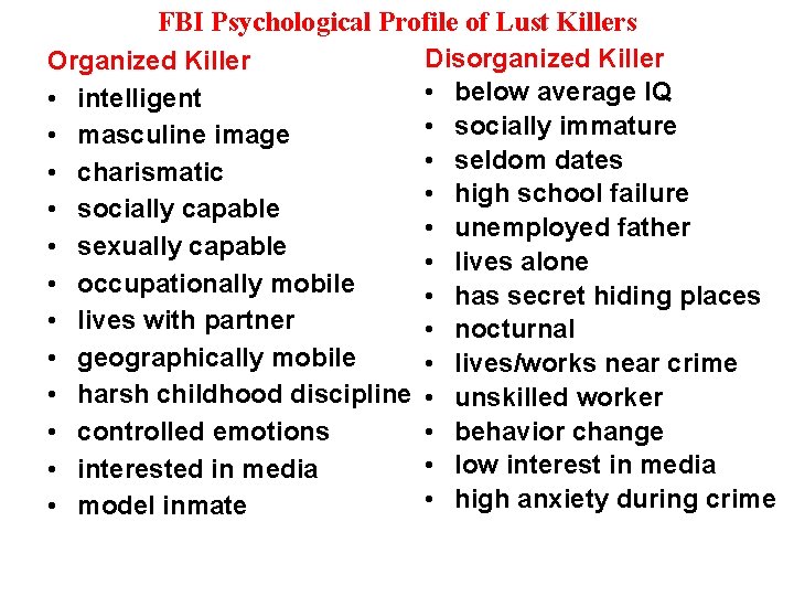FBI Psychological Profile of Lust Killers Disorganized Killer Organized Killer • below average IQ