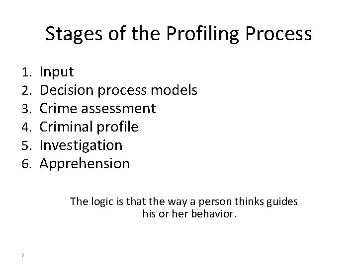 Stages of the Profiling Process 1. 2. 3. 4. 5. 6. Input Decision process