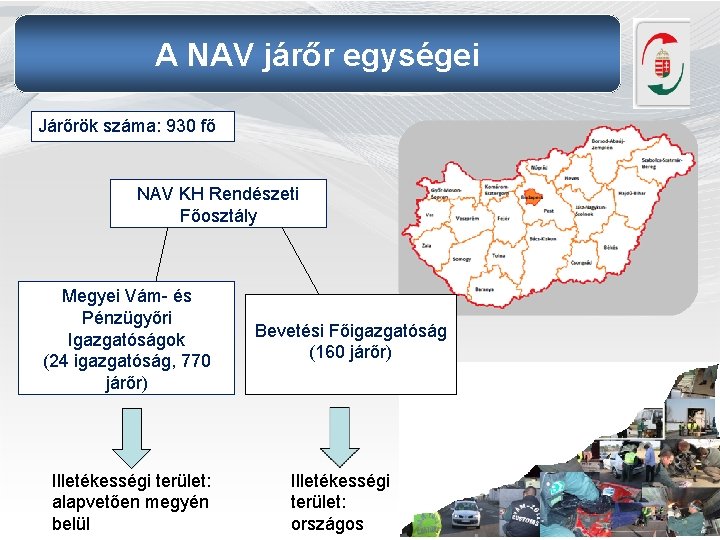 A NAV járőr egységei Járőrök száma: 930 fő NAV KH Rendészeti Főosztály Megyei Vám-