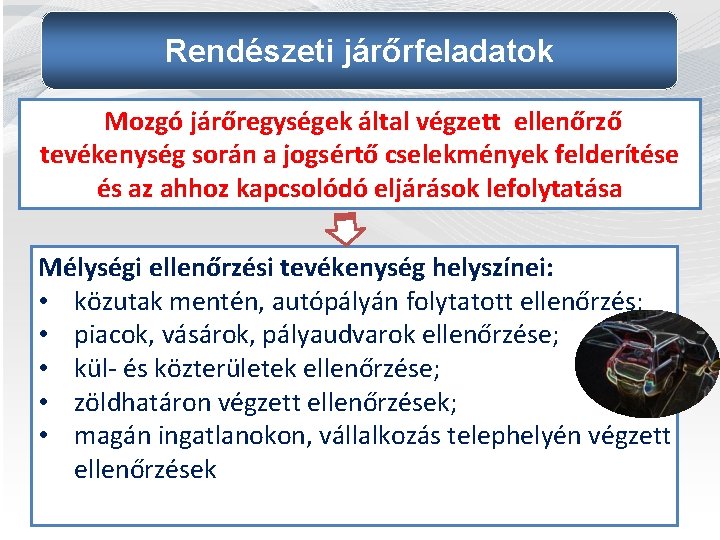 Rendészeti járőrfeladatok Mozgó járőregységek által végzett ellenőrző tevékenység során a jogsértő cselekmények felderítése és