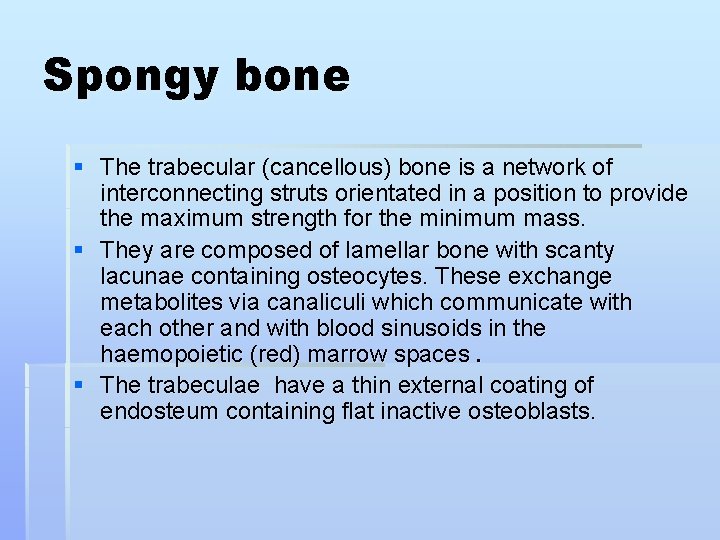 Spongy bone § The trabecular (cancellous) bone is a network of interconnecting struts orientated
