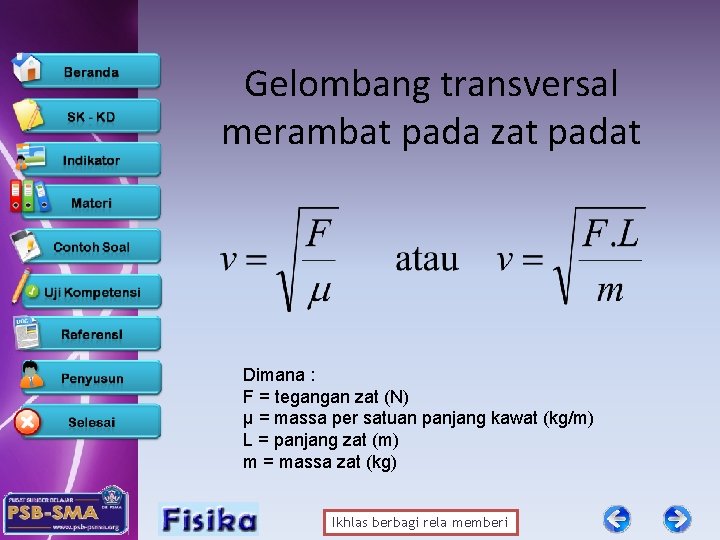Gelombang transversal merambat pada zat padat Dimana : F = tegangan zat (N) μ