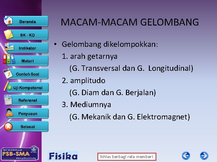 MACAM-MACAM GELOMBANG • Gelombang dikelompokkan: 1. arah getarnya (G. Transversal dan G. Longitudinal) 2.