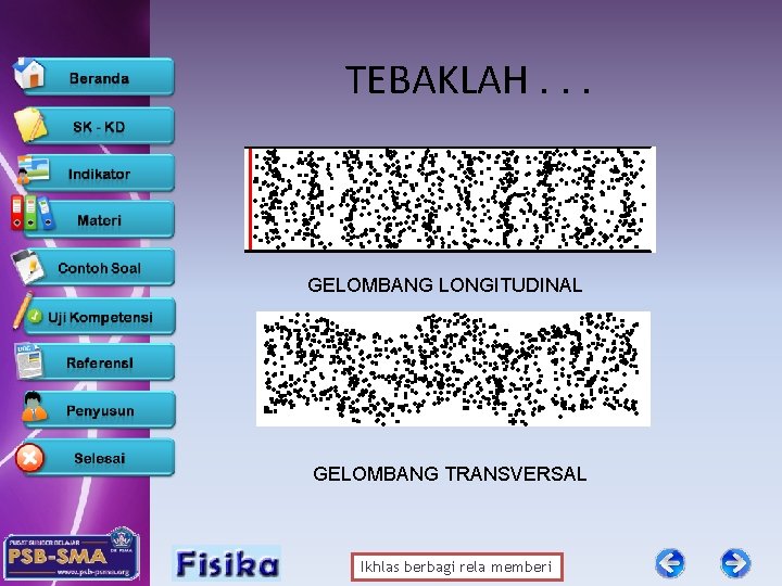 TEBAKLAH. . . GELOMBANG LONGITUDINAL GELOMBANG TRANSVERSAL Ikhlas berbagi rela memberi 