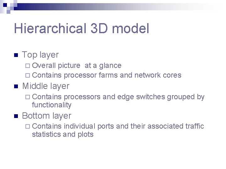 Hierarchical 3 D model n Top layer ¨ Overall picture at a glance ¨ Hierarchical 3 D model n Top layer ¨ Overall picture at a glance ¨