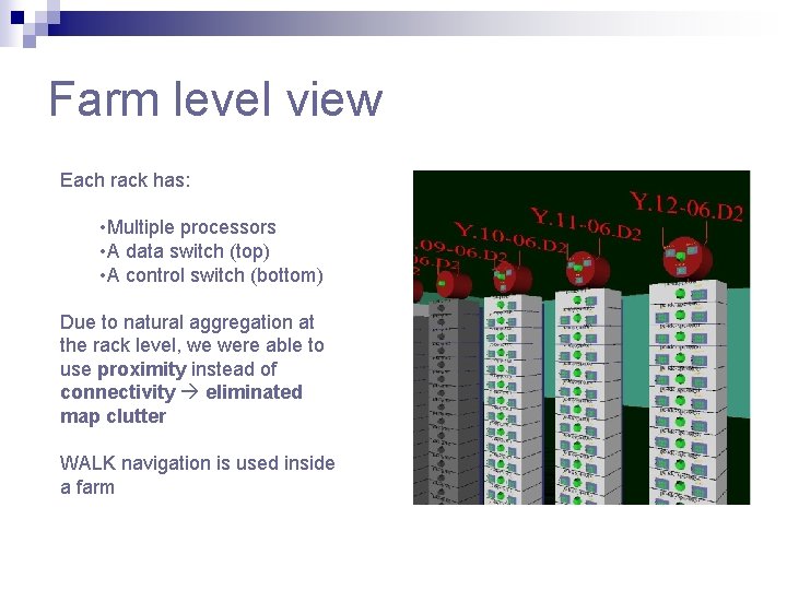 Farm level view Each rack has: • Multiple processors • A data switch (top) Farm level view Each rack has: • Multiple processors • A data switch (top)