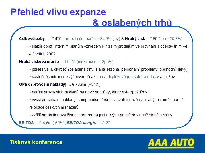 Přehled vlivu expanze & oslabených trhů Celkové tržby. . . € 470 m (meziroční