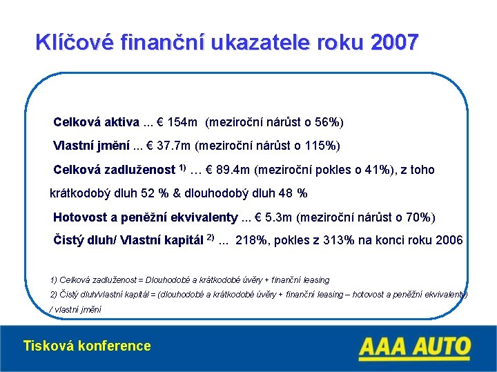 Klíčové finanční ukazatele roku 2007 Celková aktiva. . . € 154 m (meziroční nárůst