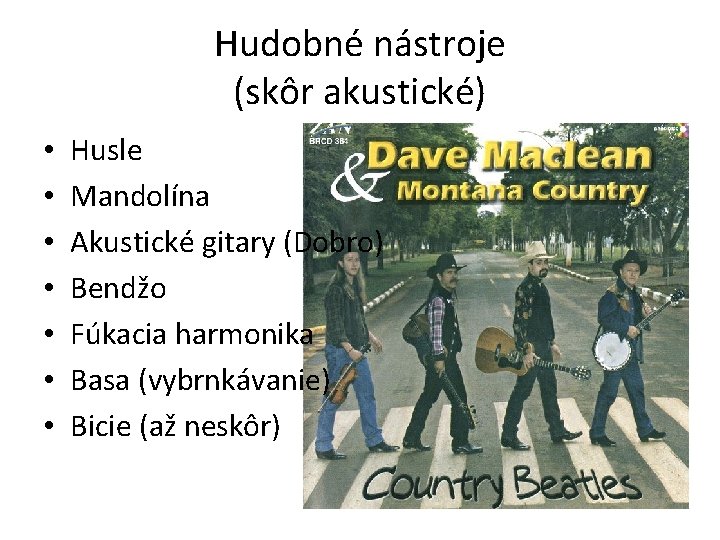 Hudobné nástroje (skôr akustické) • • Husle Mandolína Akustické gitary (Dobro) Bendžo Fúkacia harmonika Hudobné nástroje (skôr akustické) • • Husle Mandolína Akustické gitary (Dobro) Bendžo Fúkacia harmonika