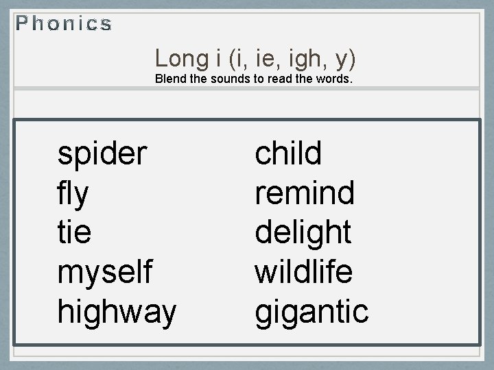 Long i (i, ie, igh, y) Blend the sounds to read the words. spider