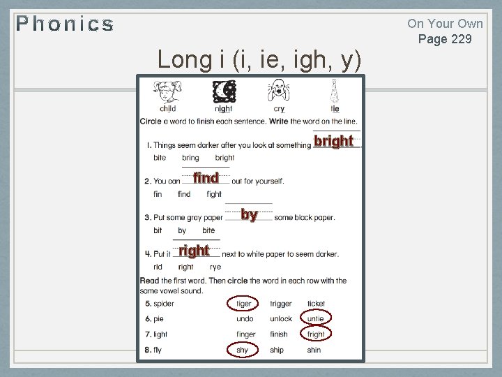 Long i (i, ie, igh, y) bright find by right On Your Own Page