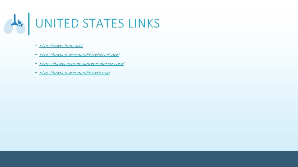 UNITED STATES LINKS • http: //www. lung. org/ • http: //www. pulmonaryfibrosistrust. org/ •