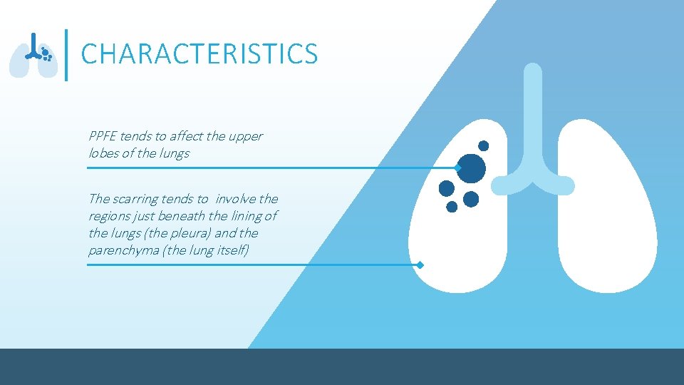 CHARACTERISTICS PPFE tends to affect the upper lobes of the lungs The scarring tends