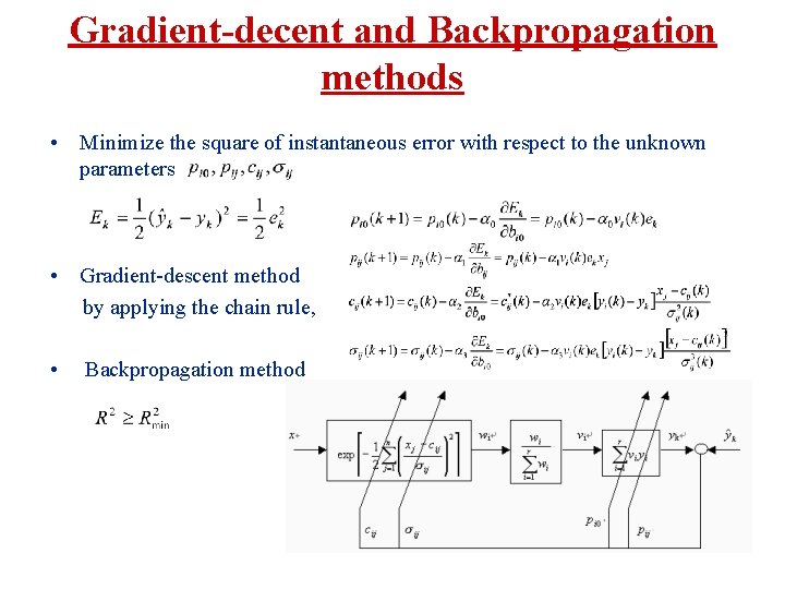 Gradient-decent and Backpropagation methods • Minimize the square of instantaneous error with respect to