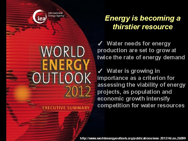 Energy is becoming a thirstier resource ✓ Water needs for energy production are set