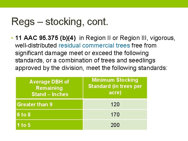 Regs – stocking, cont. • 11 AAC 95. 375 (b)(4) in Region II or