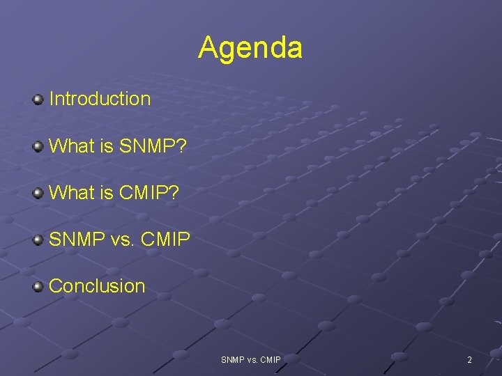 Agenda Introduction What is SNMP? What is CMIP? SNMP vs. CMIP Conclusion SNMP vs.