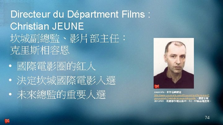 Directeur du Départment Films : Christian JEUNE 坎城副總監、影片部主任： 克里斯相容恩 • 國際電影圈的紅人 • 決定坎城國際電影入選 •