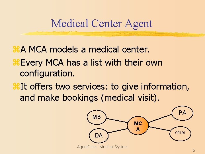 Medical Center Agent z. A MCA models a medical center. z. Every MCA has