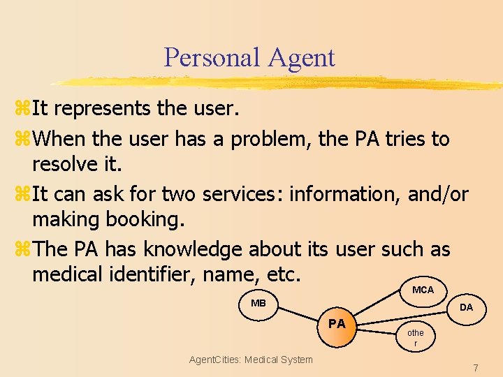 Personal Agent z. It represents the user. z. When the user has a problem,