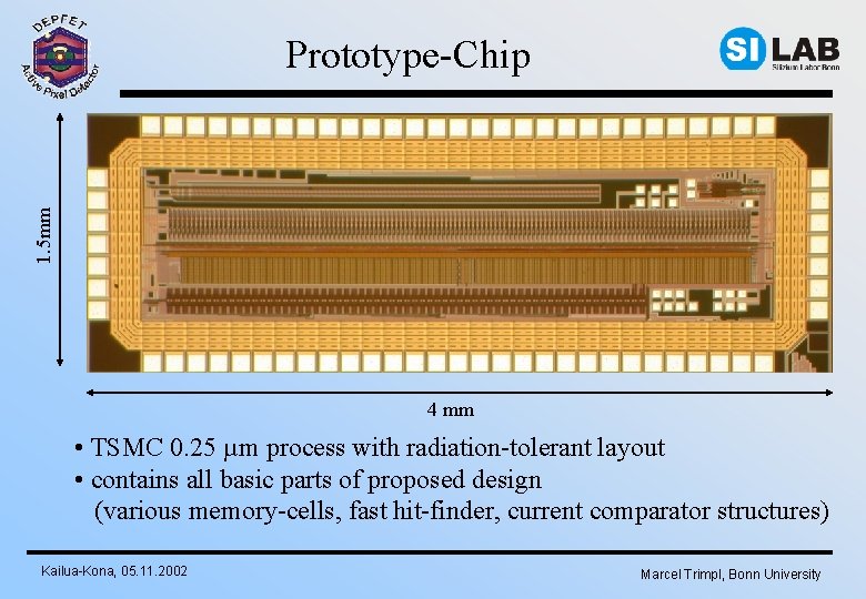 1. 5 mm Prototype-Chip 4 mm • TSMC 0. 25 µm process with radiation-tolerant