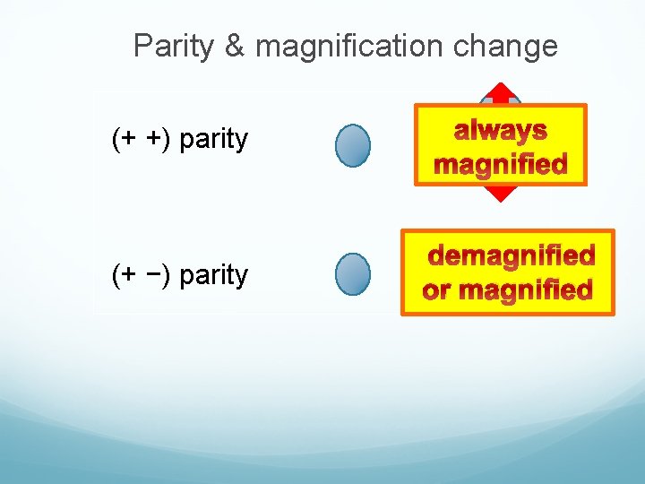 Parity & magnification change (+ +) parity always magnified (+ −) parity demagnified or