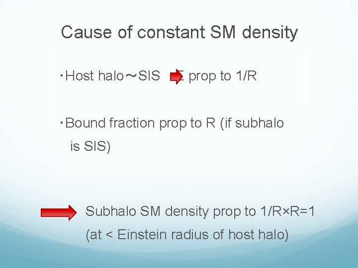 Cause of constant SM density ・Host halo〜SIS Σ prop to 1/R ・Bound fraction prop