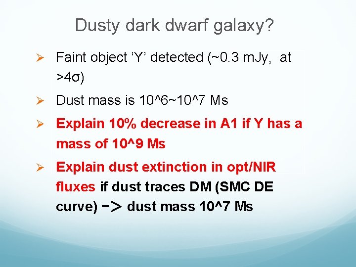 Dusty dark dwarf galaxy? Ø Faint object ‘Y’ detected (~0. 3 m. Jy, at