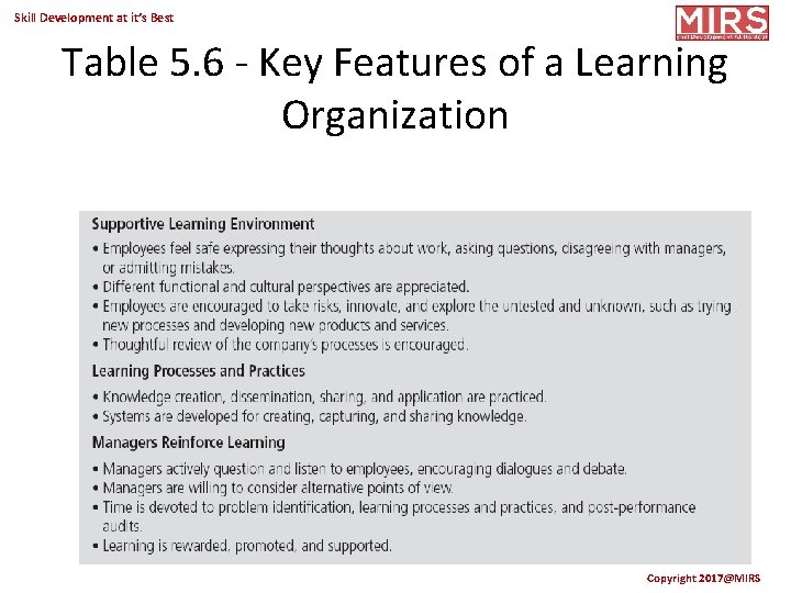 Skill Development at it’s Best Table 5. 6 - Key Features of a Learning