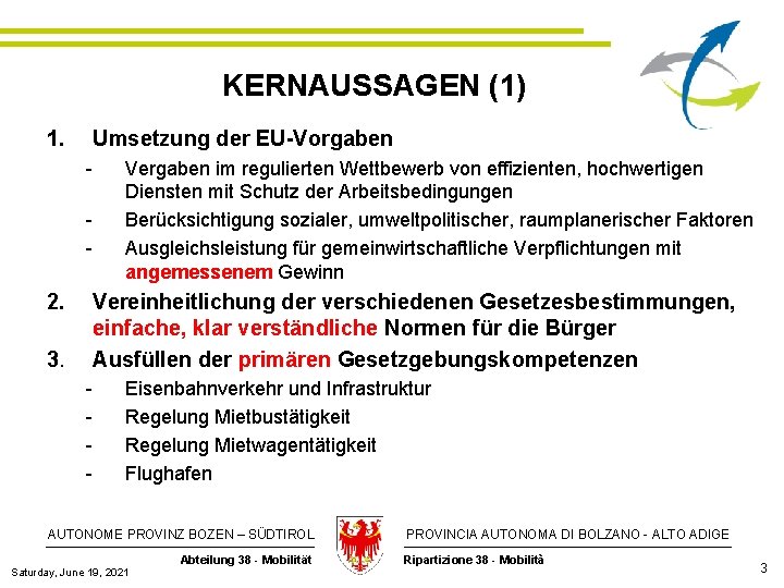 KERNAUSSAGEN (1) 1. Umsetzung der EU-Vorgaben - 2. 3. Vergaben im regulierten Wettbewerb von