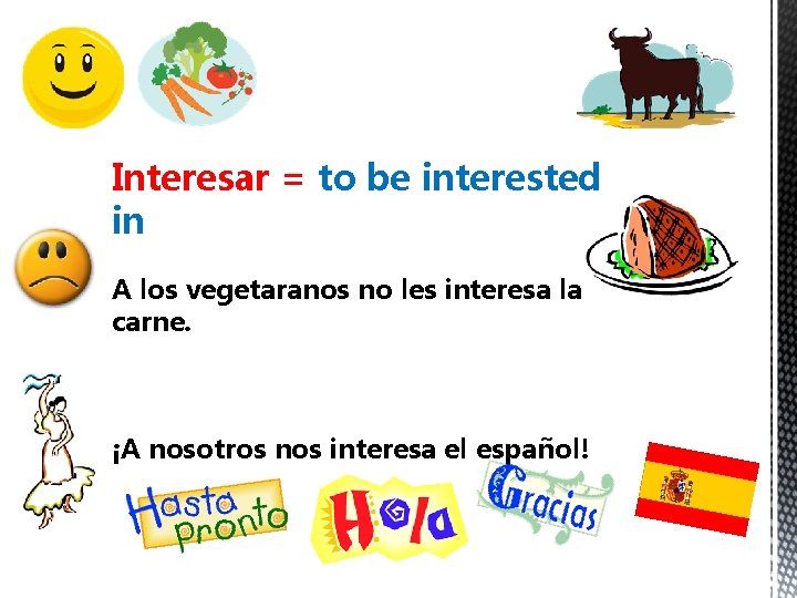 Interesar = to be interested in A los vegetaranos no les interesa la carne.