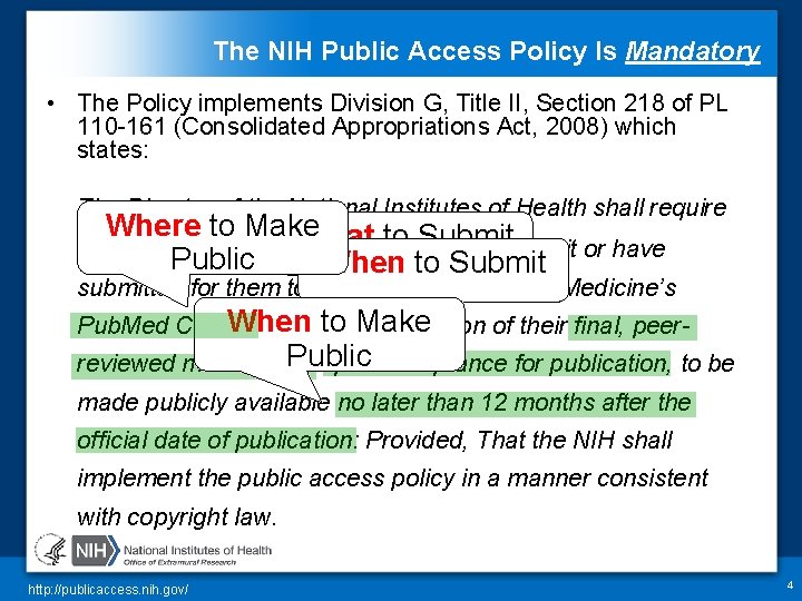 The NIH Public Access Policy Is Mandatory • The Policy implements Division G, Title