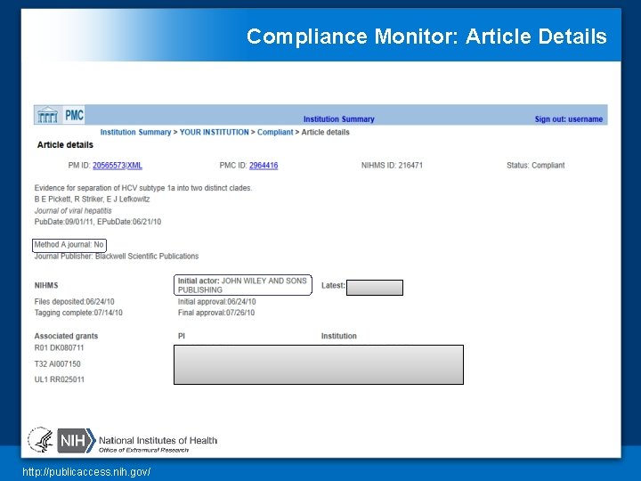 Compliance Monitor: Article Details http: //publicaccess. nih. gov/ 