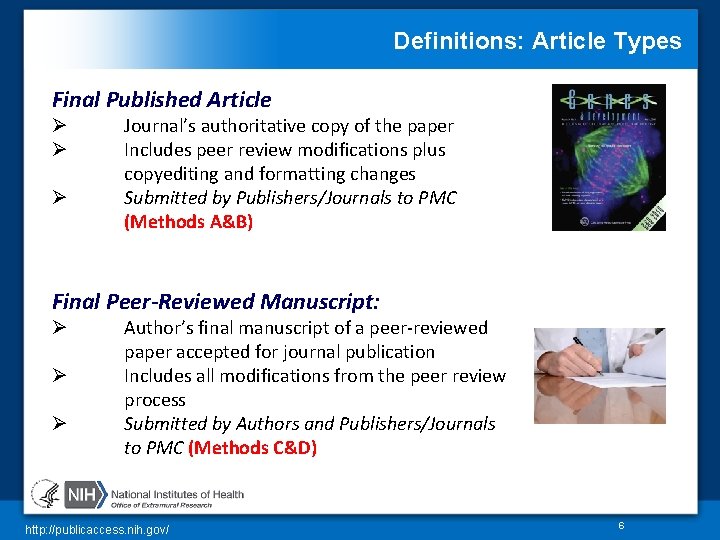 Definitions: Article Types Final Published Article Ø Ø Ø Journal’s authoritative copy of the