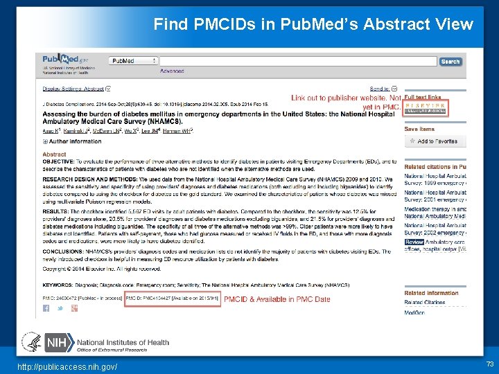 Find PMCIDs in Pub. Med’s Abstract View http: //publicaccess. nih. gov/ 73 