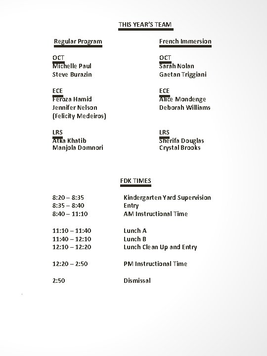 THIS YEAR’S TEAM Regular Program French Immersion OCT Michelle Paul Steve Burazin OCT Sarah