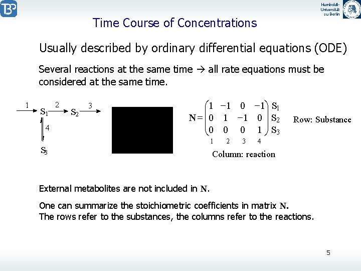 Humboldt. Universität zu Berlin Time Course of Concentrations Usually described by ordinary differential equations