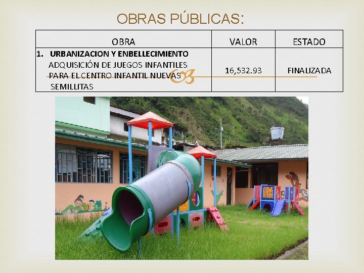 OBRAS PÚBLICAS: OBRA 1. URBANIZACION Y ENBELLECIMIENTO ADQUISICIÓN DE JUEGOS INFANTILES PARA EL CENTRO