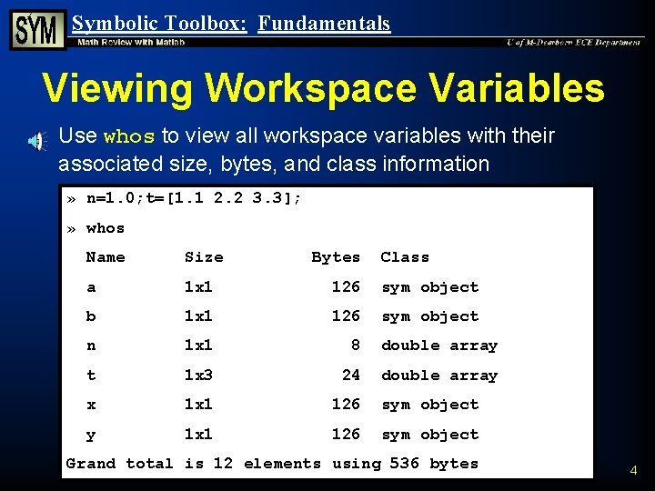 Symbolic Toolbox: Fundamentals Viewing Workspace Variables n Use whos to view all workspace variables Symbolic Toolbox: Fundamentals Viewing Workspace Variables n Use whos to view all workspace variables