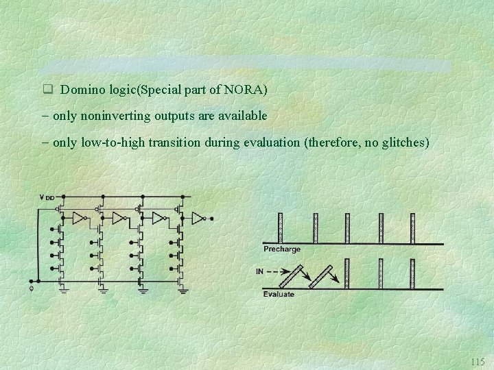 q Domino logic(Special part of NORA) only noninverting outputs are available only low-to-high transition