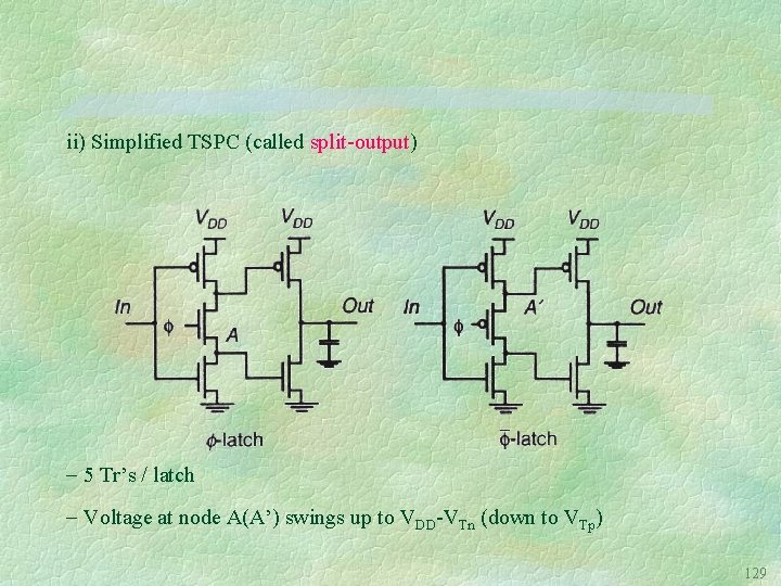 ii) Simplified TSPC (called split-output) 5 Tr’s / latch Voltage at node A(A’) swings