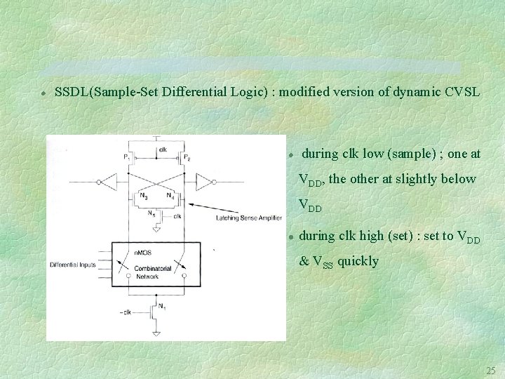 l SSDL(Sample-Set Differential Logic) : modified version of dynamic CVSL l during clk low