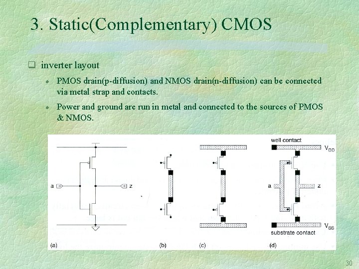 3. Static(Complementary) CMOS q inverter layout l l PMOS drain(p-diffusion) and NMOS drain(n-diffusion) can